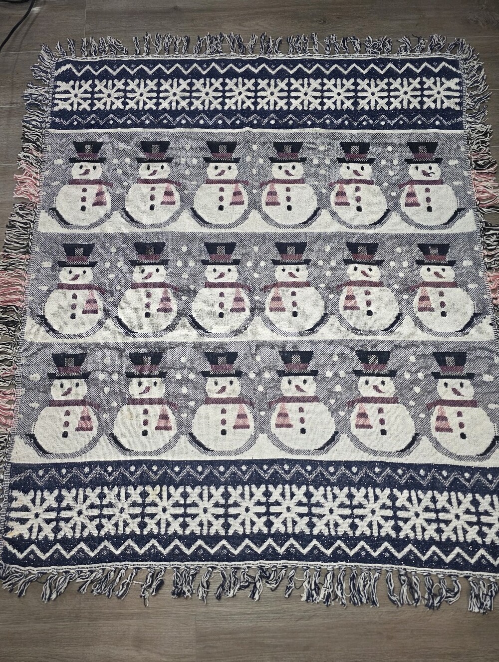 Vintage Woven Tapestry Christmas Throw Blanket Snowmen Snowflakes Silver